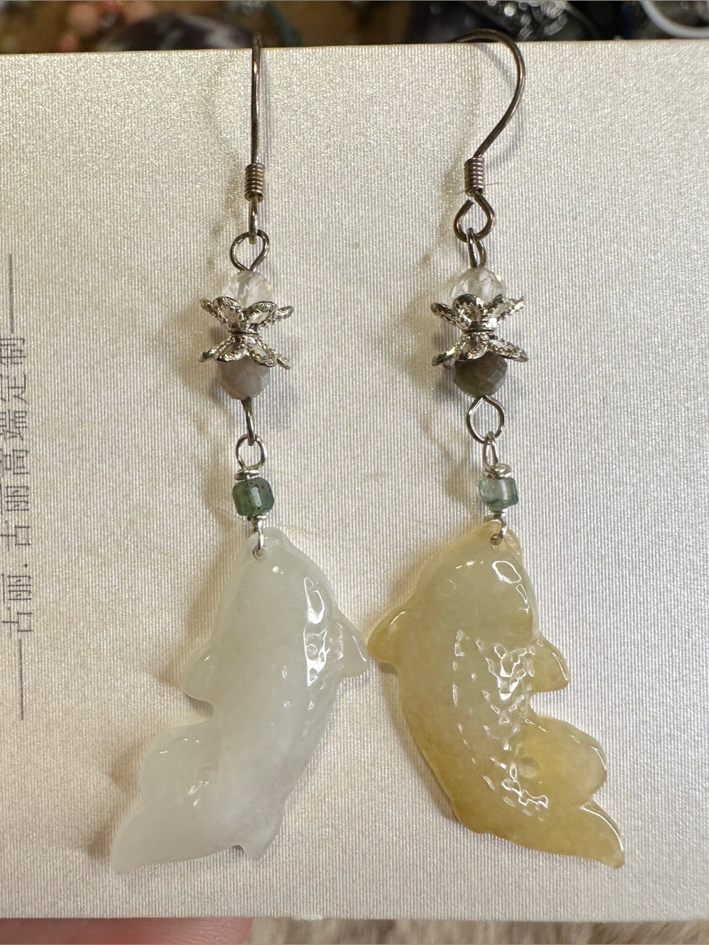 Fish Shaped Genuine Jade earrings 2.2 inch long Sterling Silver